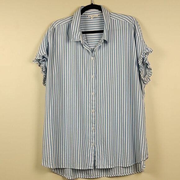 Beachlunchlounge Blue and White Striped Short Sleeve Button Front Blouse Size XL - Picture 11 of 11